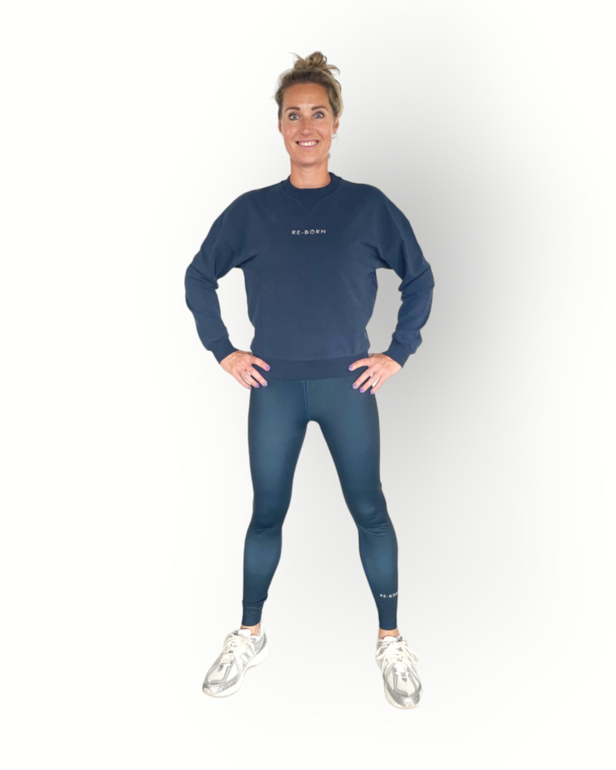 Women long sleeve crew top with rib detail navy