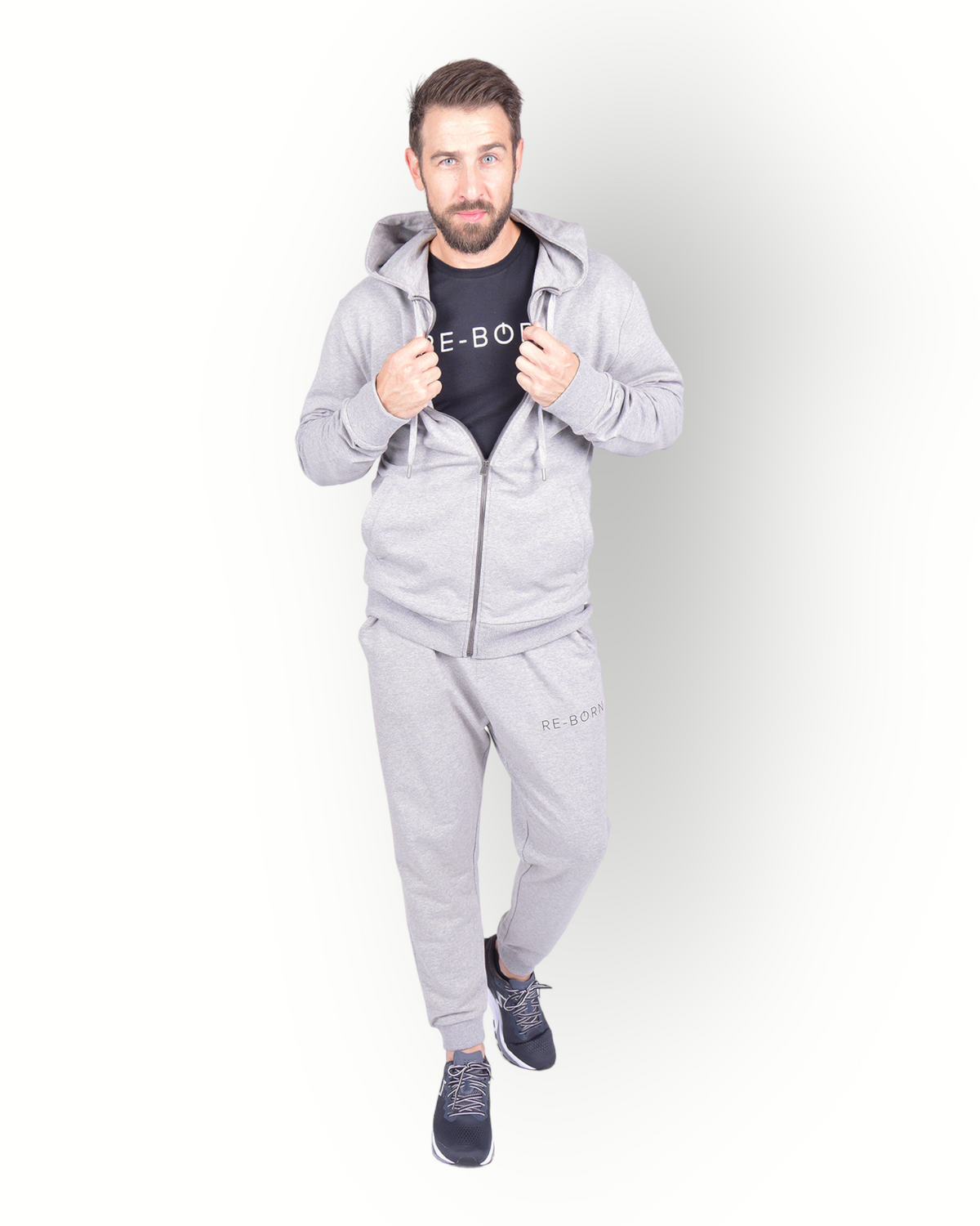 Men long sleeve full zip hooded top grey