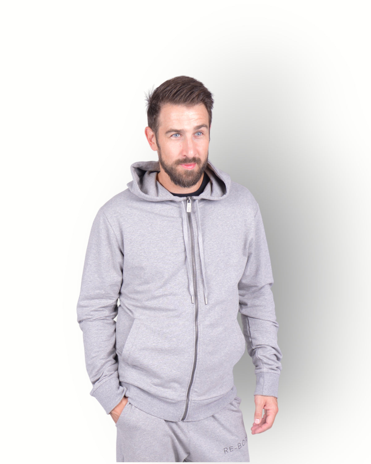 Men long sleeve full zip hooded top grey