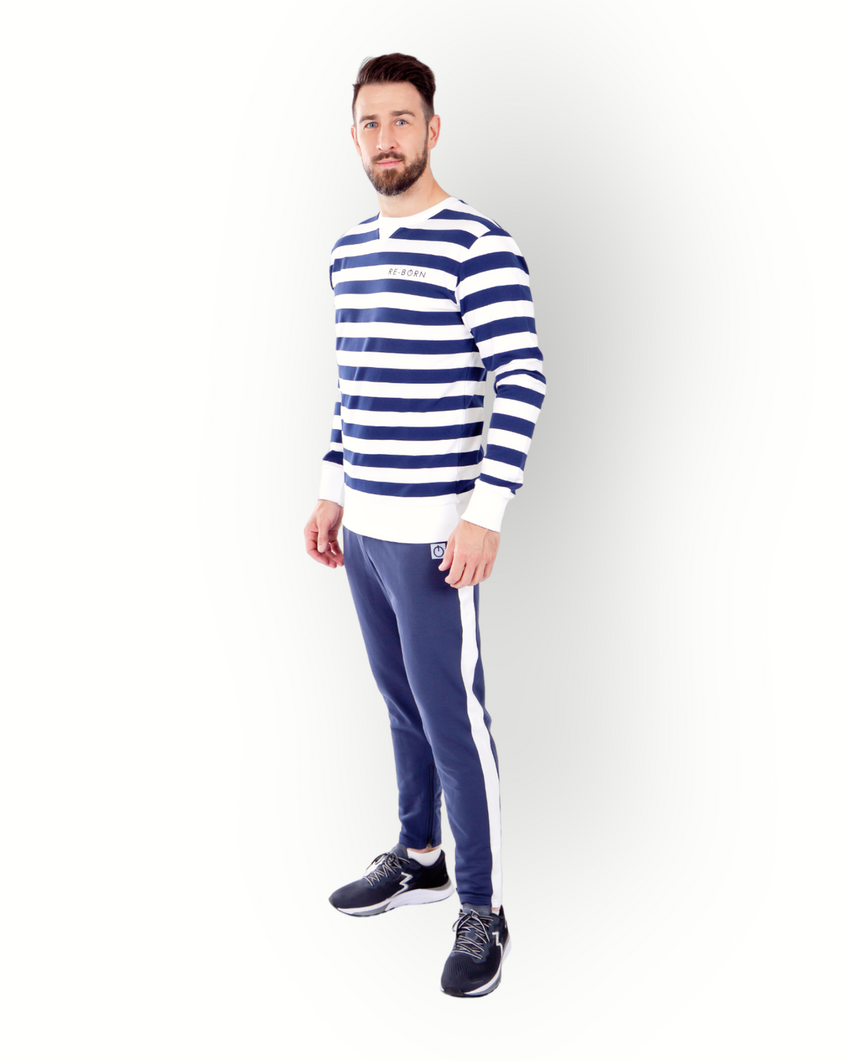 Men long sleeve stripe crew top navy/white