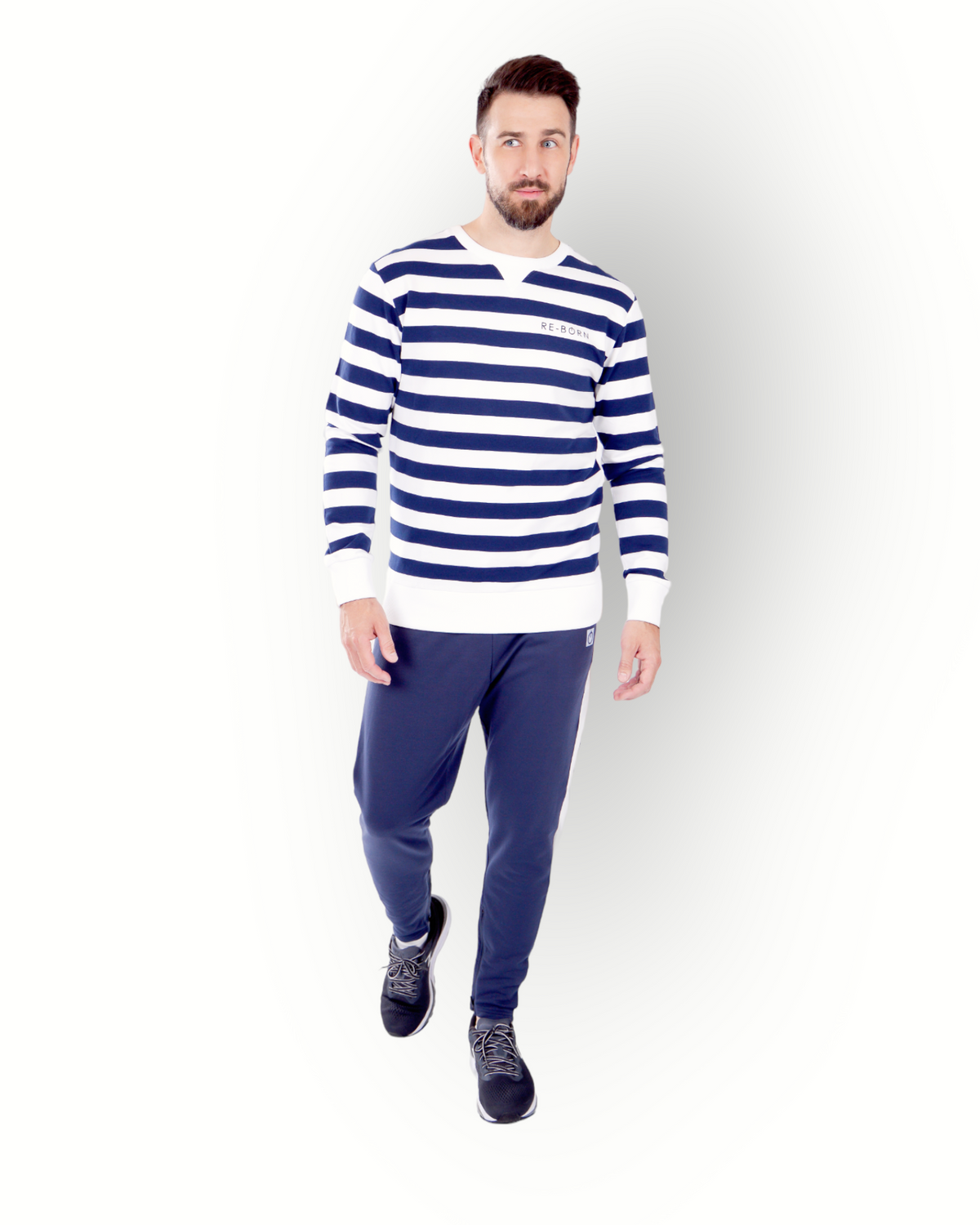 Men long sleeve stripe crew top navy/white