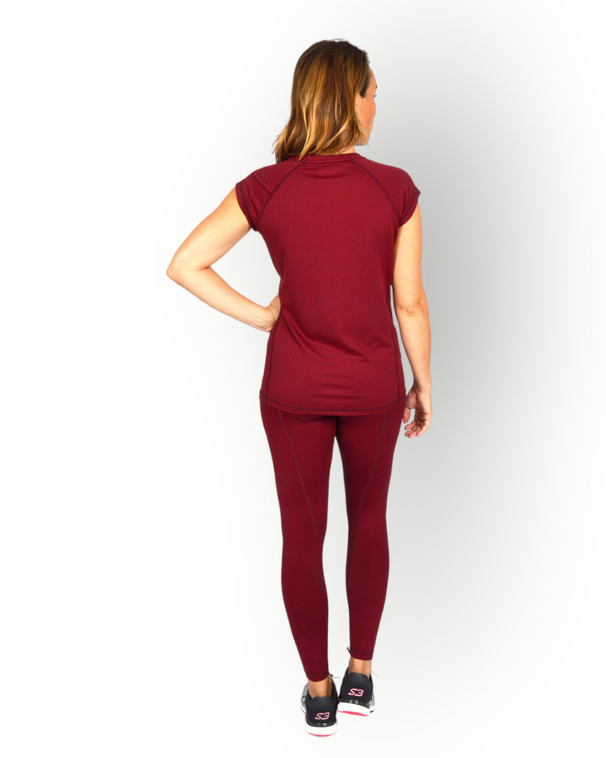 Women capped sleeve v neck sport top burgundy