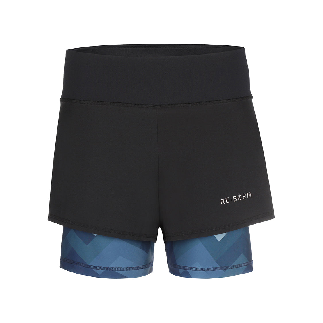 Women 2-layer stretch short in black with camo blue print