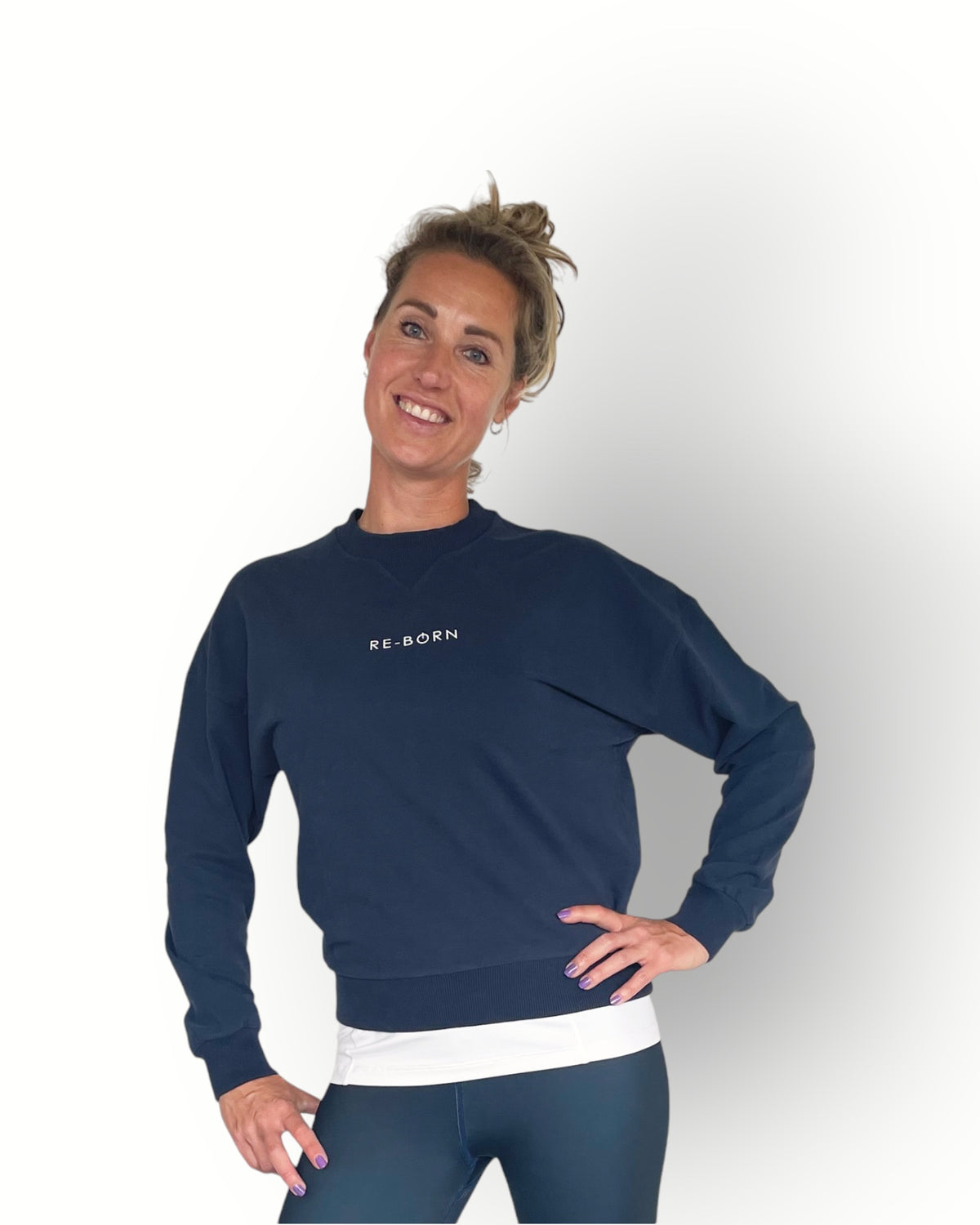 Women long sleeve crew top with rib detail navy