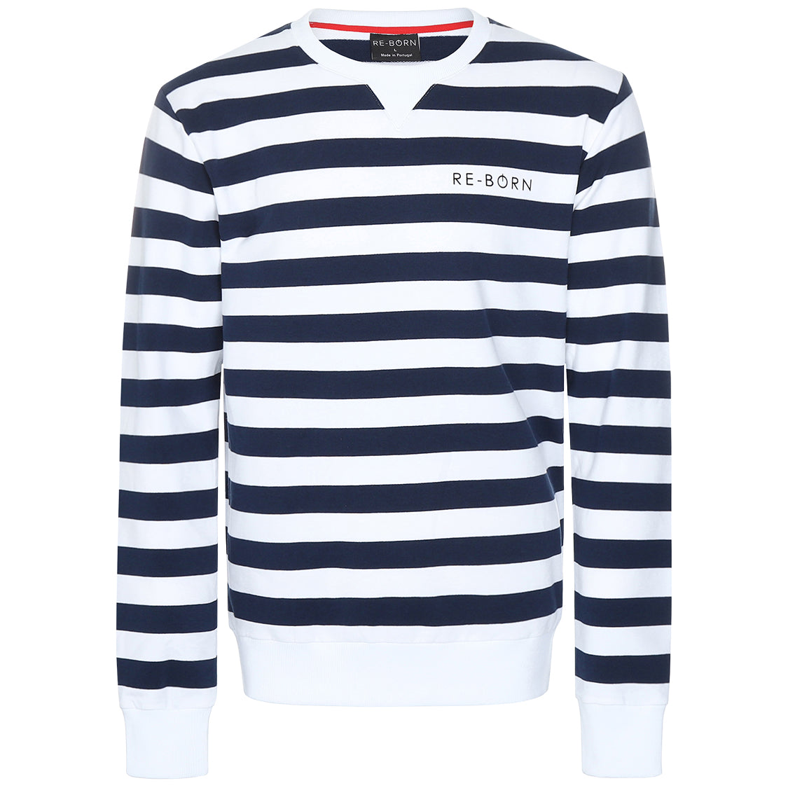 Re-Born-Sport-trui-ronde-hals-streep-donkerblauw/wit-M-1914-1-voorkant