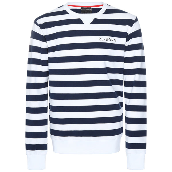Re-Born-Sport-trui-ronde-hals-streep-donkerblauw/wit-M-1914-1-voorkant