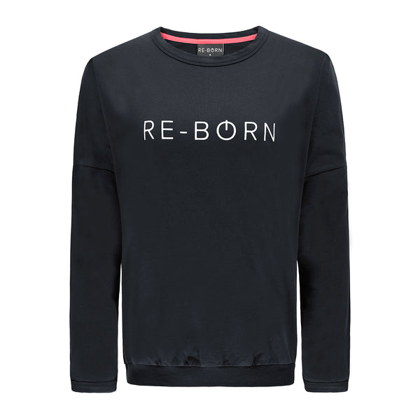 Re-Born Sports Dames ronde hals logo trui zwart voorkant O-1814-1