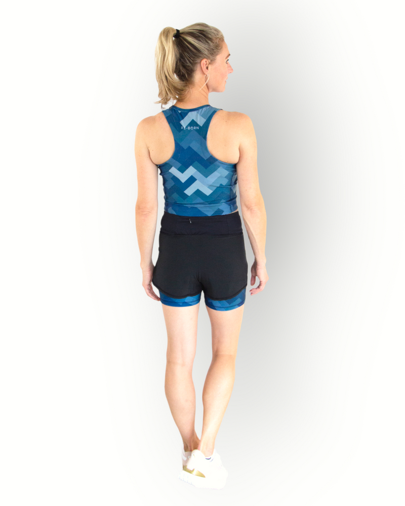Women 2-layer stretch short in black with camo blue print