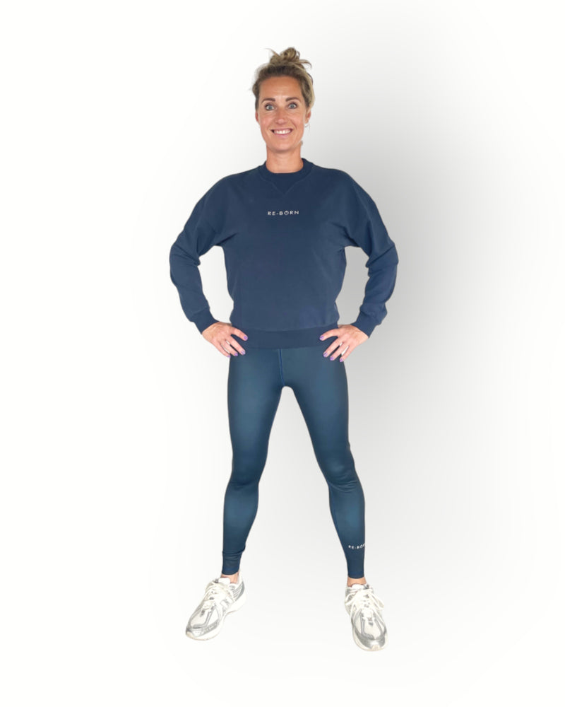 Women long sleeve crew top with rib detail navy