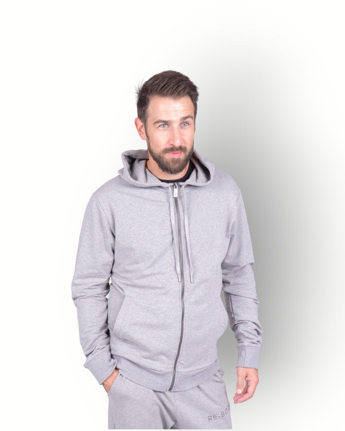 Men long sleeve full zip hooded top grey