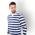 Heren ronde hals streep trui lange mouw donkerblauw/wit