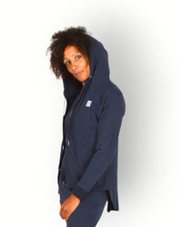Dames capuchon trui met rits en lange mouw donkerblauw