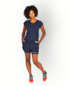 Dames 2 laagse stretch sport korte broek donkerblauw
