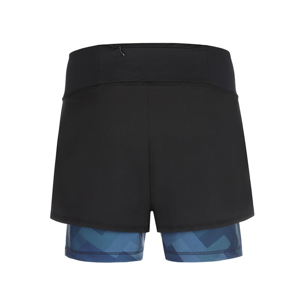 Dames 2-laagse stretch short in zwart met camo blauwe print