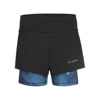 Dames 2-laagse stretch short in zwart met camo blauwe print