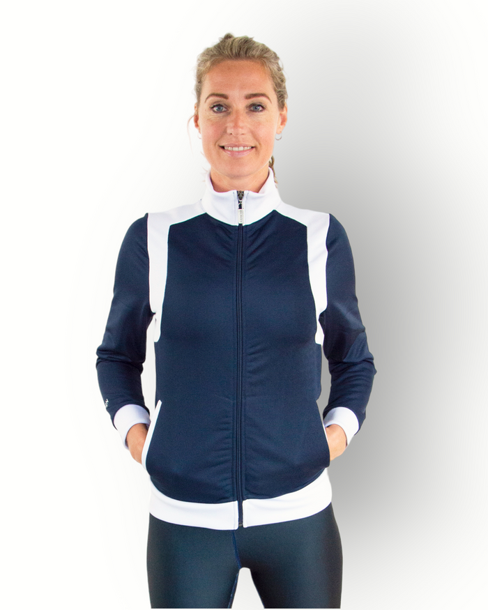 Dames Sport trainingsjack donkerblauw/wit