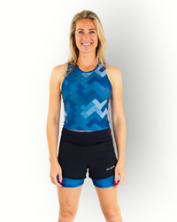 Dames 2-laagse stretch short in zwart met camo blauwe print