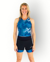 Women 2-layer stretch short in black with camo blue print