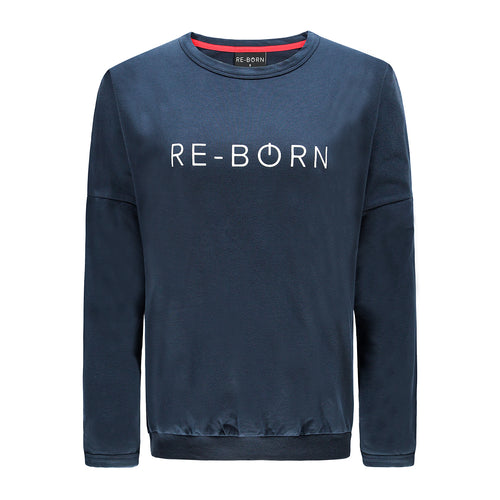 Re-Born Sports Dames ronde hals logo trui donkerblauw voorkant O-1814-1